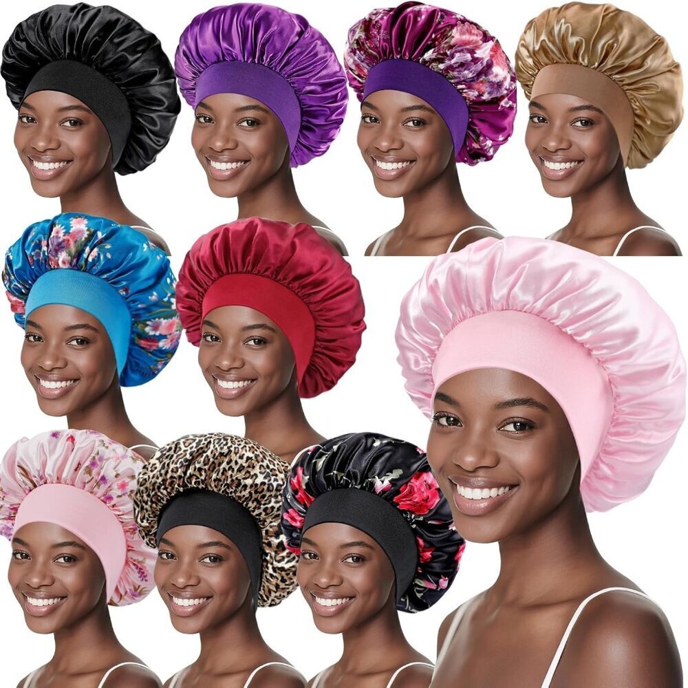 10 Pcs Satin Bonnet for Women Hair Sleep Cap Soft Wide Band Protects All Styles - Picture 1 of 7